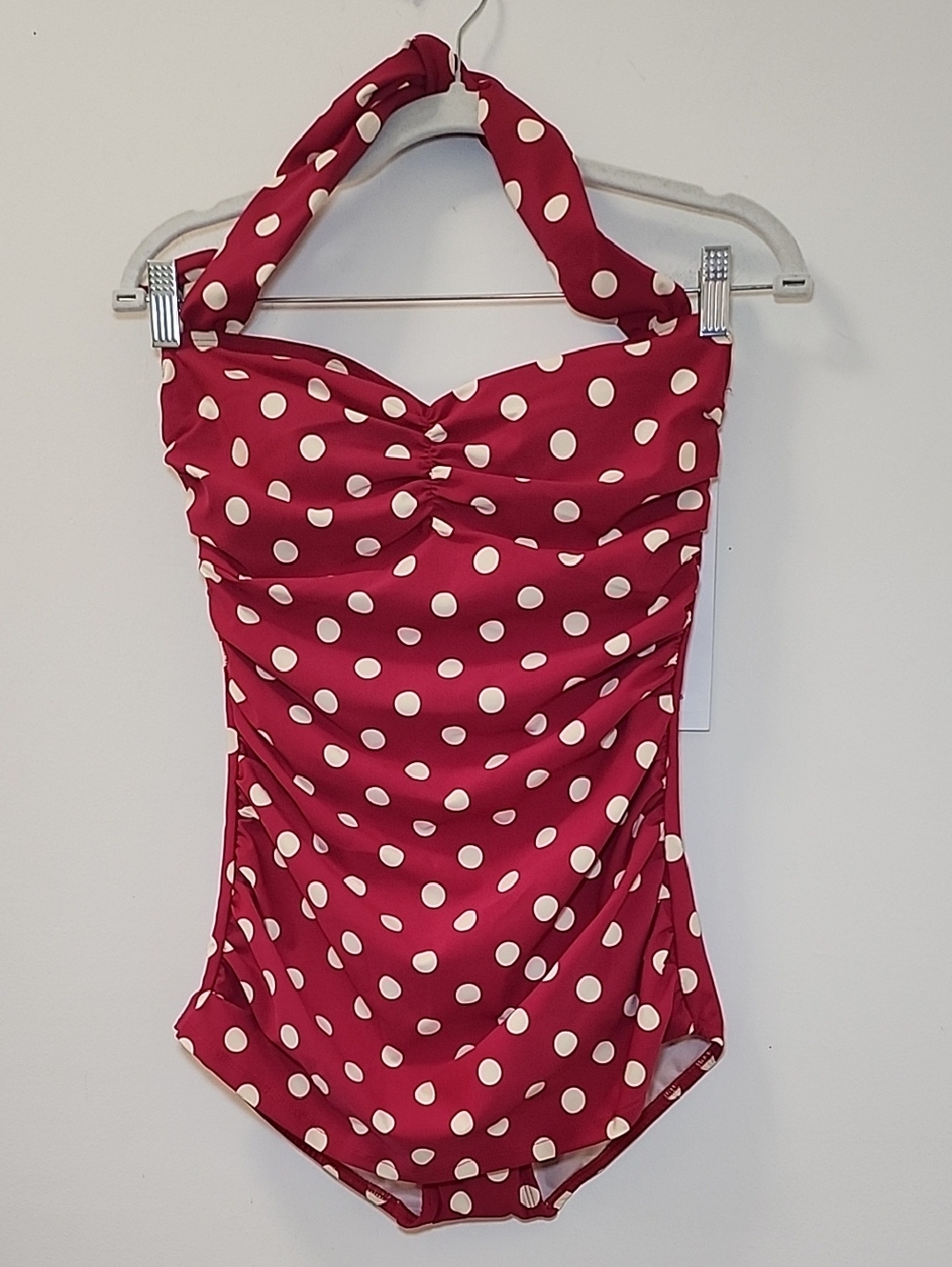 Esther Williams red white polkadot halter one-piece swimsuit ruched fabric Sz 12 - Picture 5 of 16